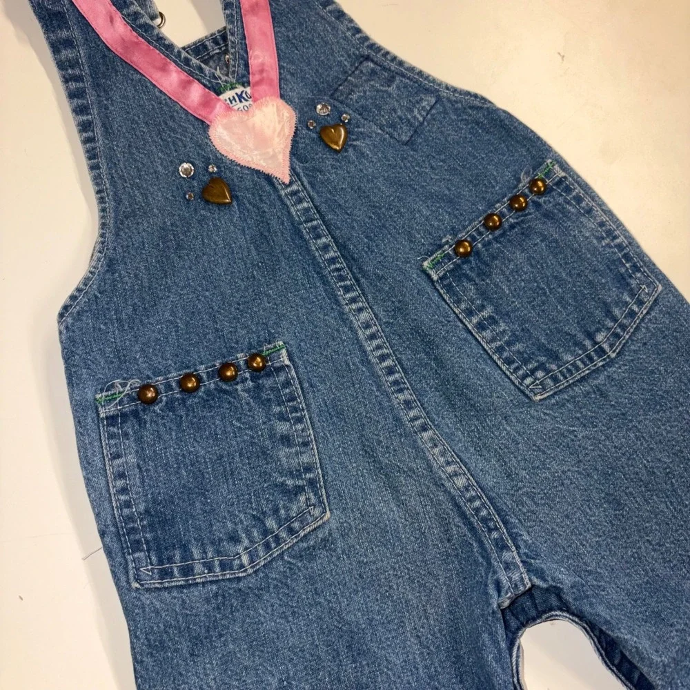 Vintage Osh Kosh Bgosh Custom Denim Bunny Overalls Hearts Rhinestones Blue Pink